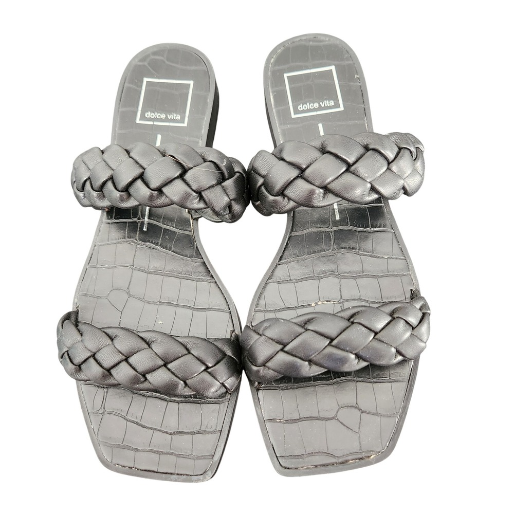 Dolce Vita Women's Black Braided Crocodile Embossed Slide Sandals Size 8.5